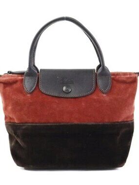 Auth Longchamp Handbag Brown Leather/Velor - r11396